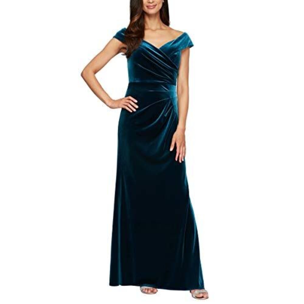 Alex Evenings Women's 14 Off The Shoulder Long Dress Peacock Blue Velvet